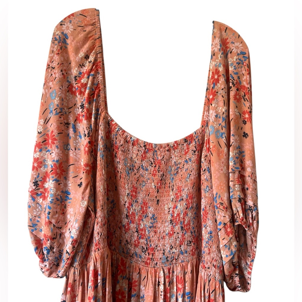 Jessica Simpson Simona Midi Dress Smocked Bodice Pockets Peach Blue Floral 3X - Picture 2 of 12